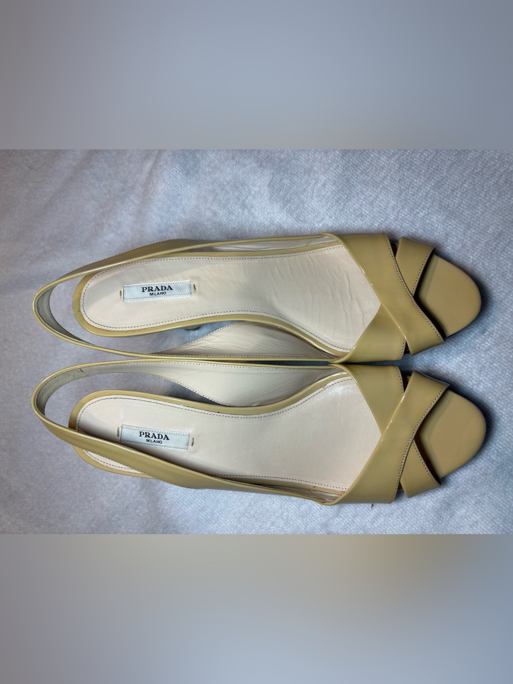 Prada Pale Yellow Patent Leather Slingback Wedge Heels